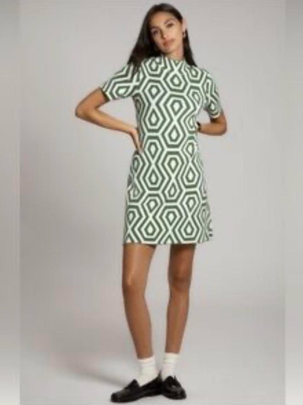 NEW Anthropologie Women’s Green/White Geometric Knit Mock Neck Dress Size 1X